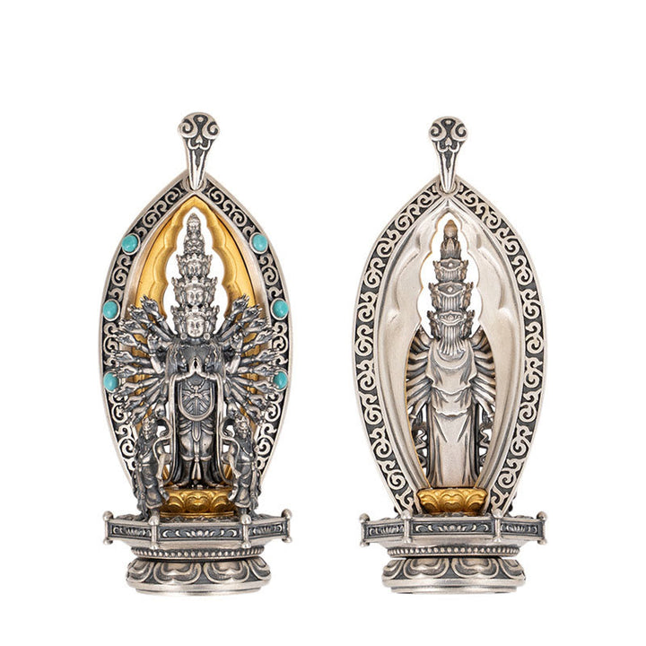 Collier pendentif de richesse Avalokiteśvara Guanyin Kwan Yin à mille bras en argent sterling 925 avec Buddha Stones - image 12