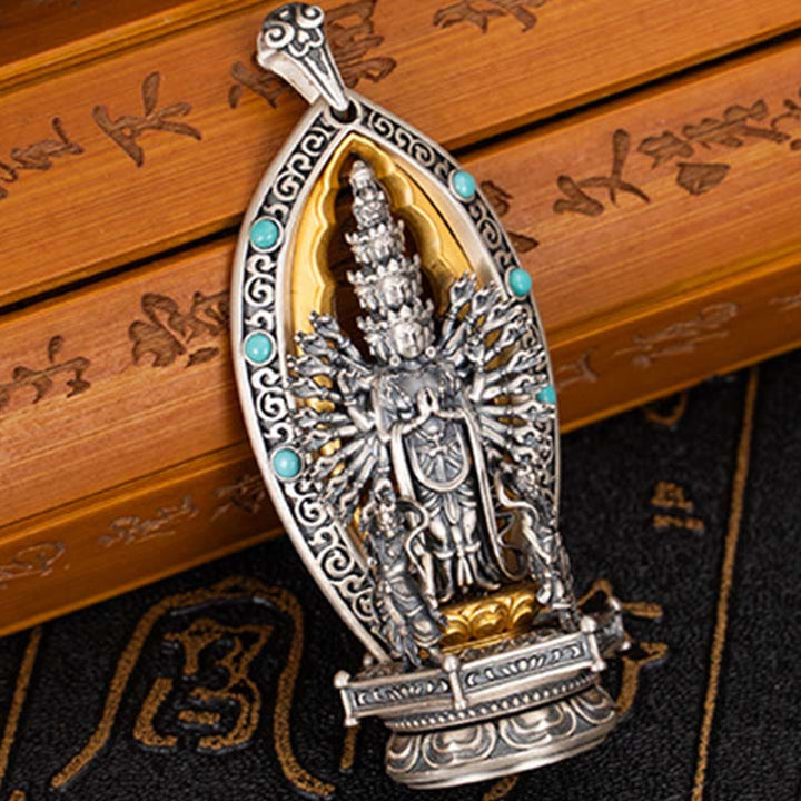 Collier pendentif de richesse Avalokiteśvara Guanyin Kwan Yin à mille bras en argent sterling 925 avec Buddha Stones - image 3