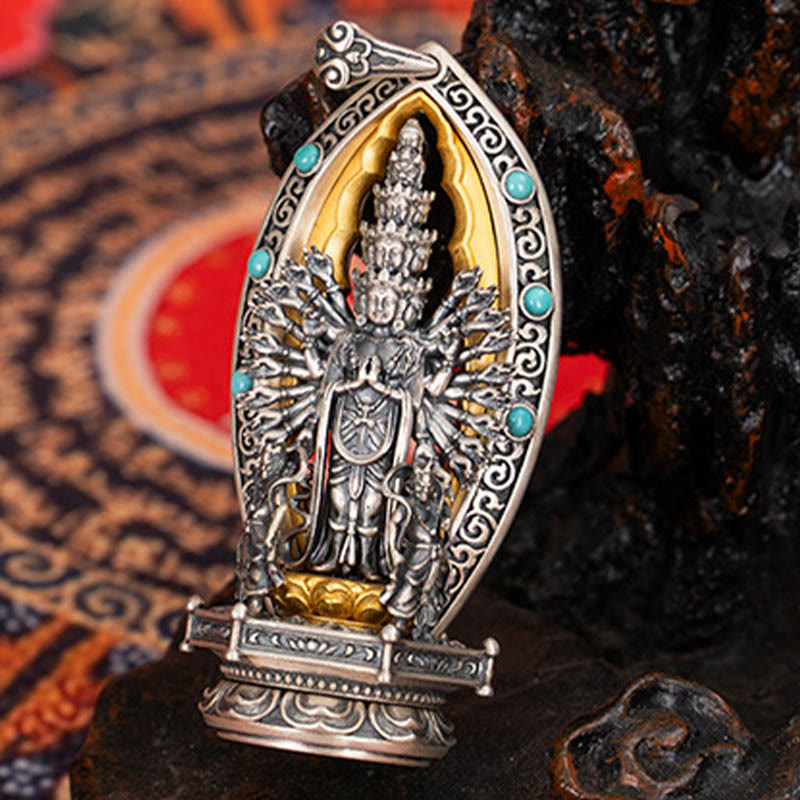 Collier pendentif de richesse Avalokiteśvara Guanyin Kwan Yin à mille bras en argent sterling 925 avec Buddha Stones - image 4