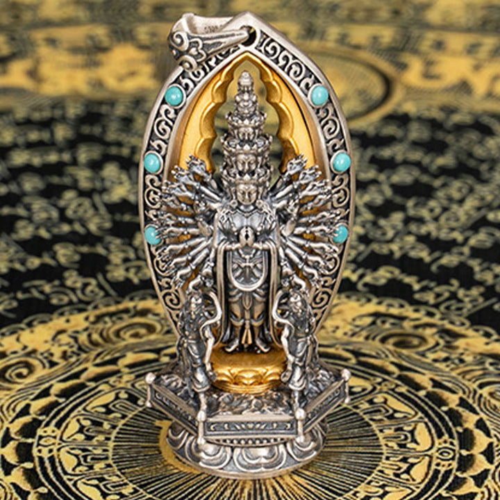 Collier pendentif de richesse Avalokiteśvara Guanyin Kwan Yin à mille bras en argent sterling 925 avec Buddha Stones - image 8