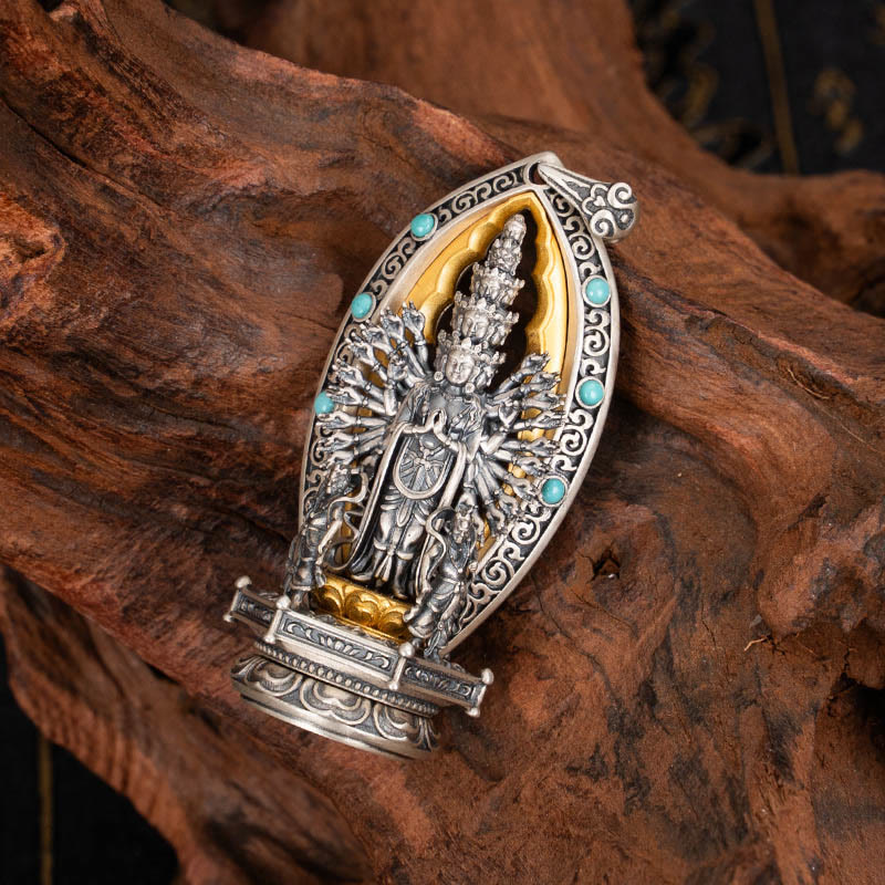 Collier pendentif de richesse Avalokiteśvara Guanyin Kwan Yin à mille bras en argent sterling 925 avec Buddha Stones - Avalokiteśvara (pendentif uniquement) - image 1