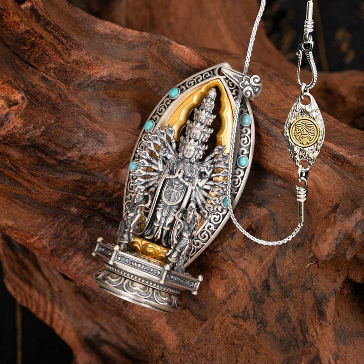 Collier pendentif de richesse Avalokiteśvara Guanyin Kwan Yin à mille bras en argent sterling 925 avec Buddha Stones - Chaîne en cuivre Avalokiteśvara de 50 cm - image 15