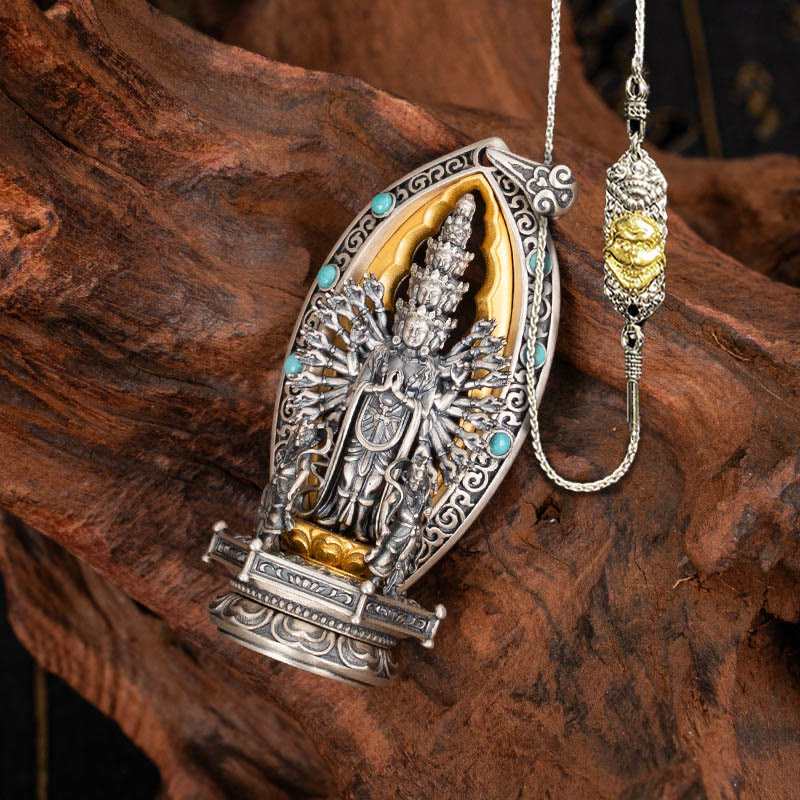 Collier pendentif de richesse Avalokiteśvara Guanyin Kwan Yin à mille bras en argent sterling 925 avec Buddha Stones - Avalokiteśvara et chaîne en cuivre de 52 cm, le Seigneur de la forêt des cadavres - image 20