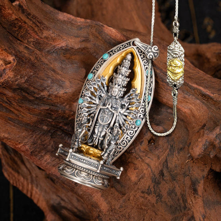 Collier pendentif de richesse Avalokiteśvara Guanyin Kwan Yin à mille bras en argent sterling 925 avec Buddha Stones - Avalokiteśvara et chaîne en cuivre de 52 cm, le Seigneur de la forêt des cadavres - image 20