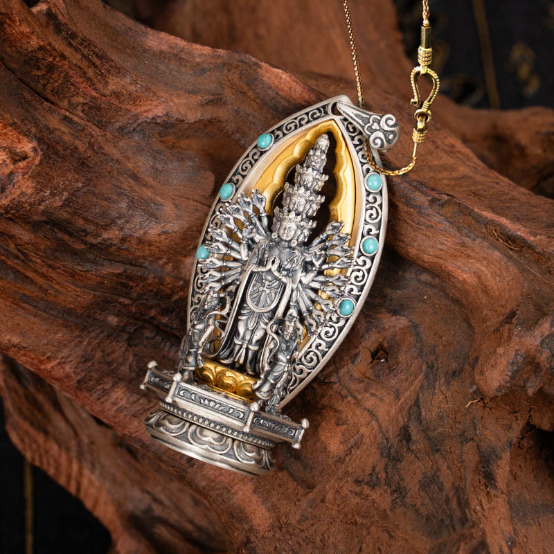 Collier pendentif de richesse Avalokiteśvara Guanyin Kwan Yin à mille bras en argent sterling 925 avec Buddha Stones - Chaîne en cuivre doré Avalokiteśvara de 58 cm - image 13
