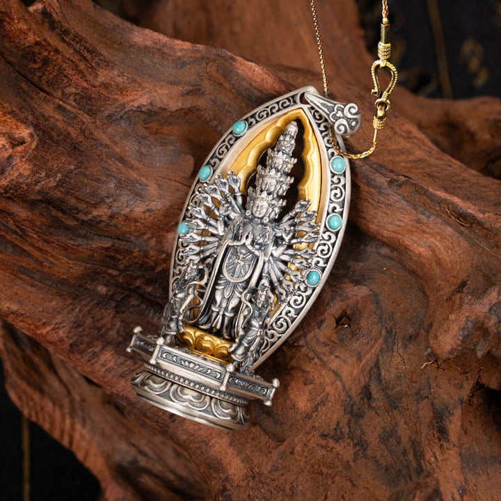 Collier pendentif de richesse Avalokiteśvara Guanyin Kwan Yin à mille bras en argent sterling 925 avec Buddha Stones - Chaîne en cuivre doré Avalokiteśvara de 58 cm - image 13