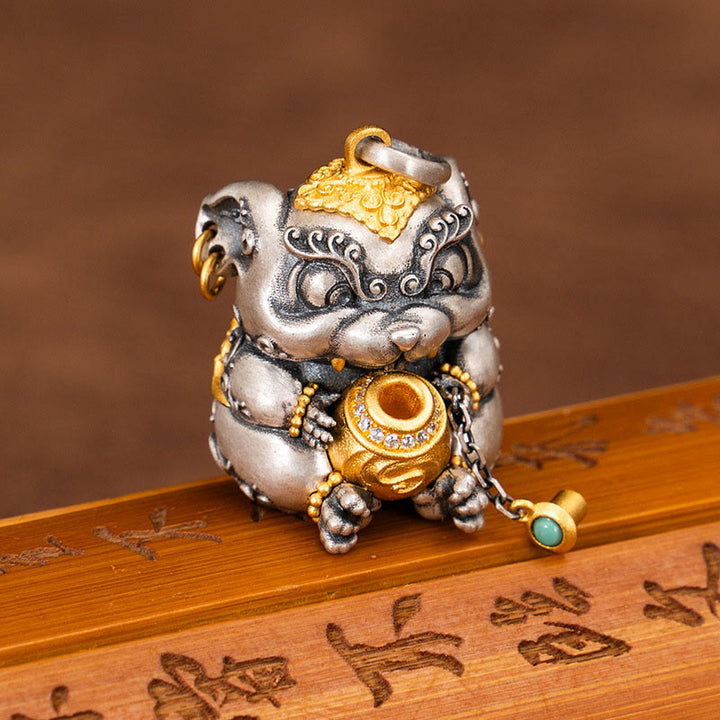 Collier pendentif de protection contre les rats cracheurs de trésors tibétains en argent sterling 925 avec Buddha Stones