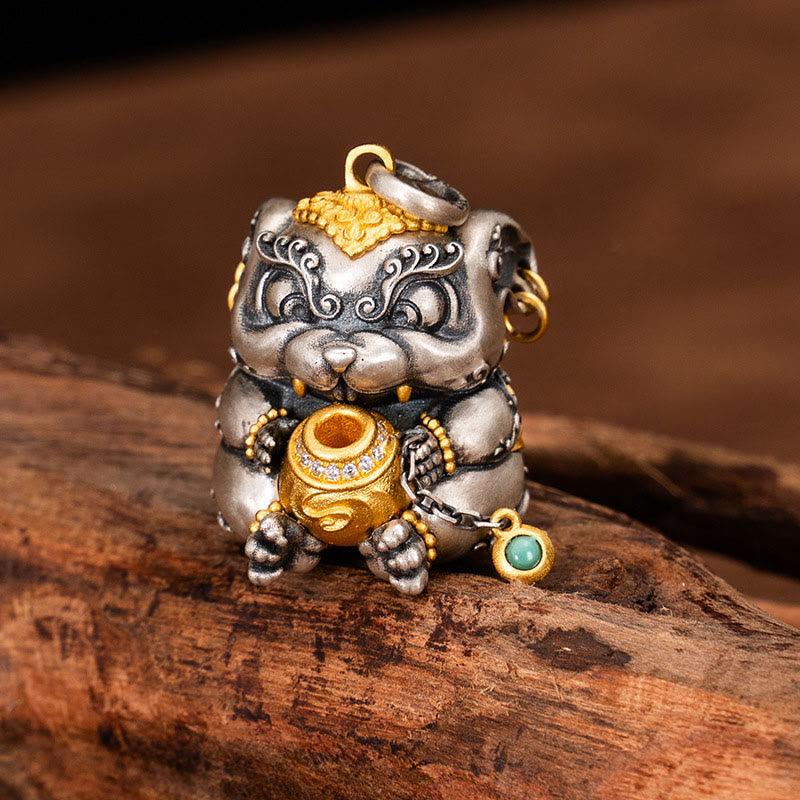 Collier pendentif de protection contre les rats cracheurs de trésors tibétains en argent sterling 925 avec Buddha Stones