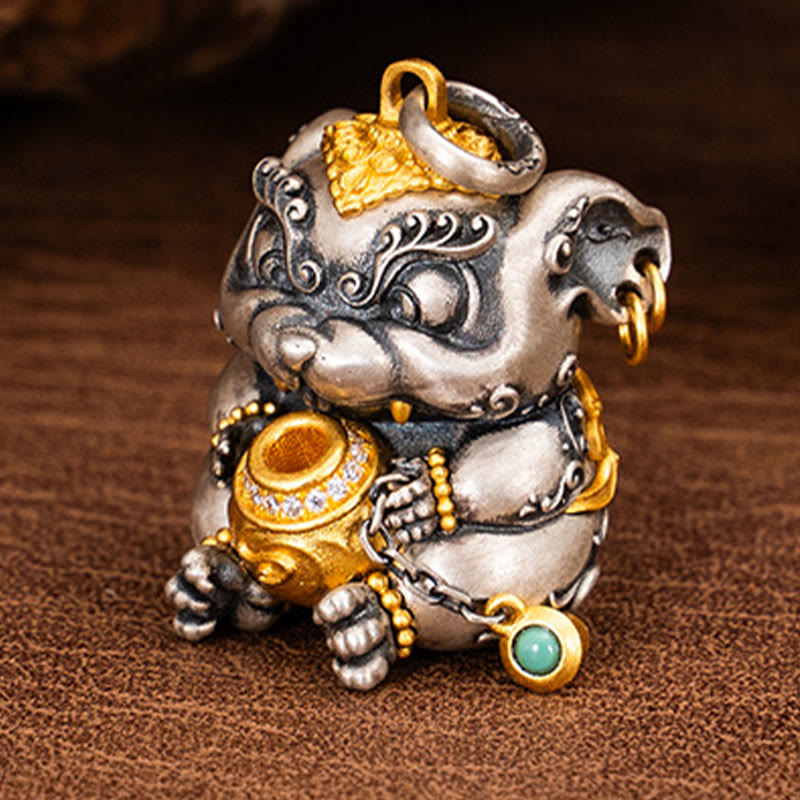Collier pendentif de protection contre les rats cracheurs de trésors tibétains en argent sterling 925 avec Buddha Stones