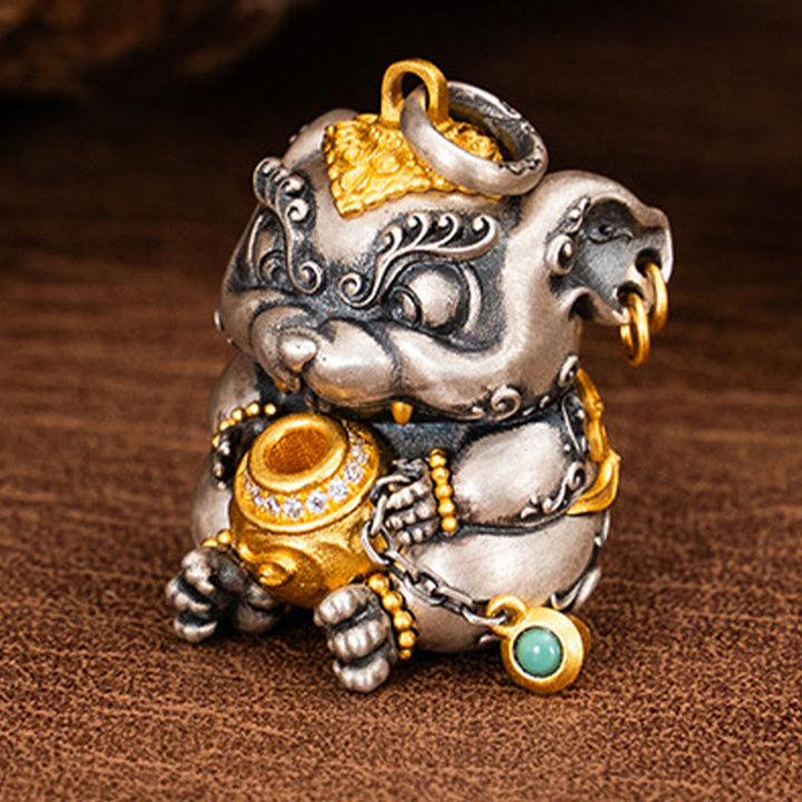 Collier pendentif de protection contre les rats cracheurs de trésors tibétains en argent sterling 925 avec Buddha Stones