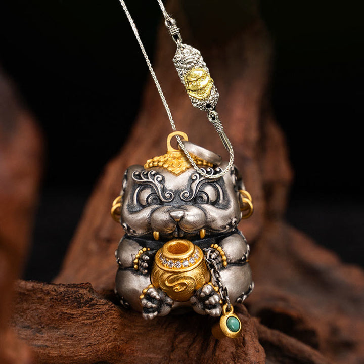 Collier pendentif de protection contre les rats cracheurs de trésors tibétains en argent sterling 925 avec Buddha Stones