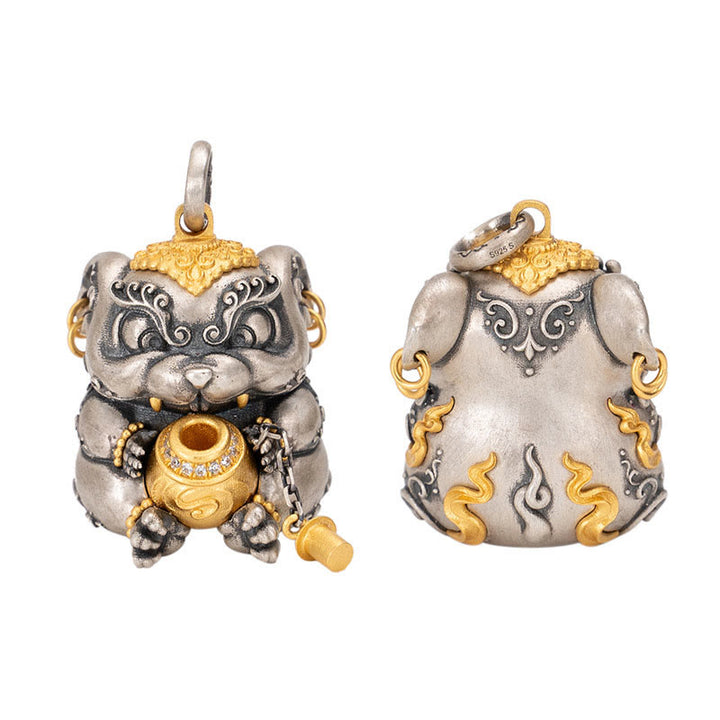 Collier pendentif de protection contre les rats cracheurs de trésors tibétains en argent sterling 925 avec Buddha Stones