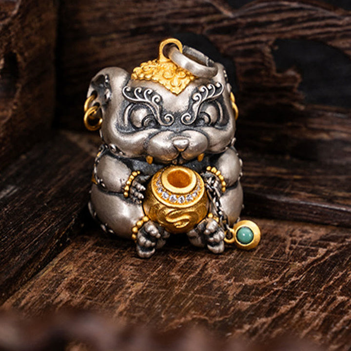 Collier pendentif de protection contre les rats cracheurs de trésors tibétains en argent sterling 925 avec Buddha Stones