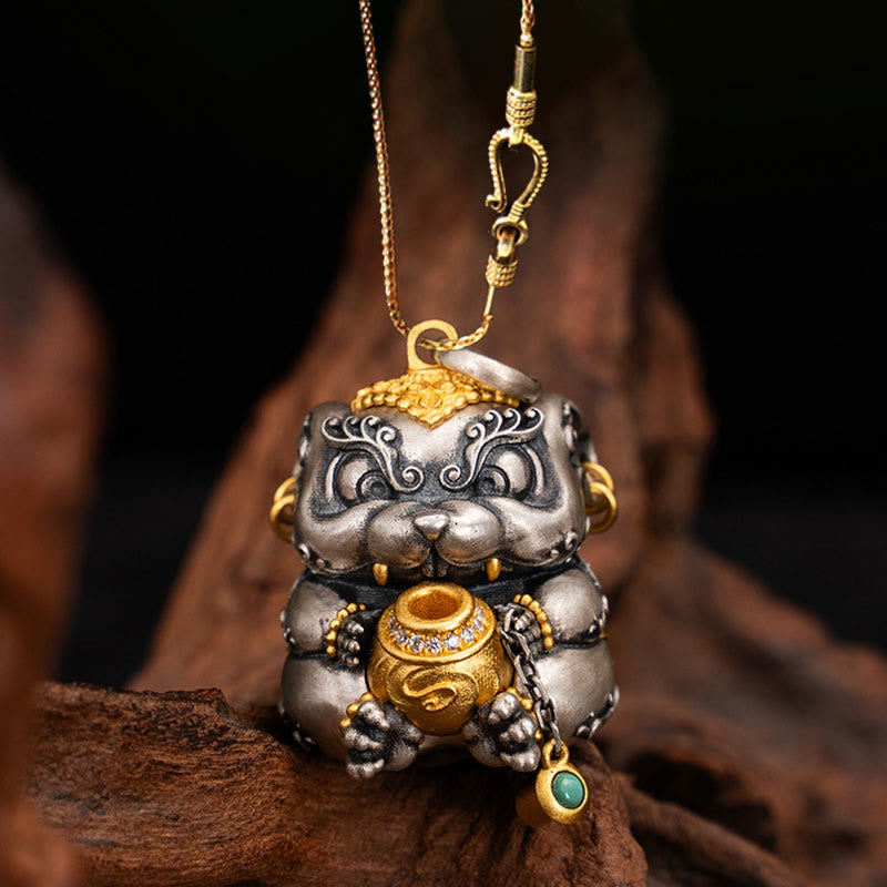 Collier pendentif de protection contre les rats cracheurs de trésors tibétains en argent sterling 925 avec Buddha Stones