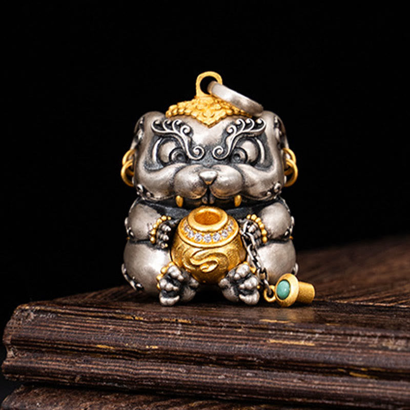 Collier pendentif de protection contre les rats cracheurs de trésors tibétains en argent sterling 925 avec Buddha Stones