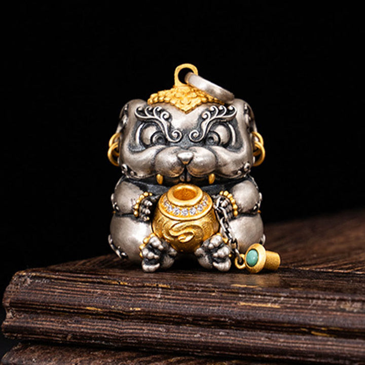 Collier pendentif de protection contre les rats cracheurs de trésors tibétains en argent sterling 925 avec Buddha Stones