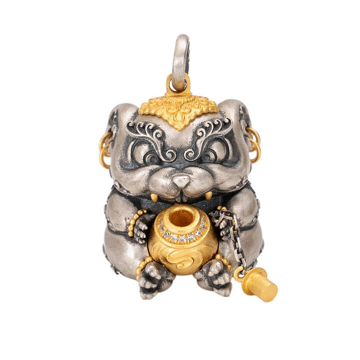 Collier pendentif de protection contre les rats cracheurs de trésors tibétains en argent sterling 925 avec Buddha Stones