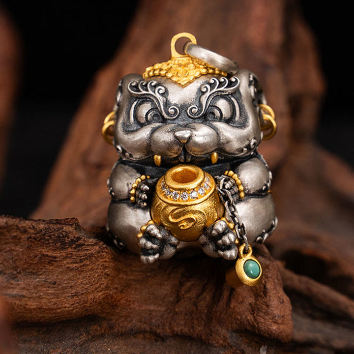 Collier pendentif de protection contre les rats cracheurs de trésors tibétains en argent sterling 925 avec Buddha Stones