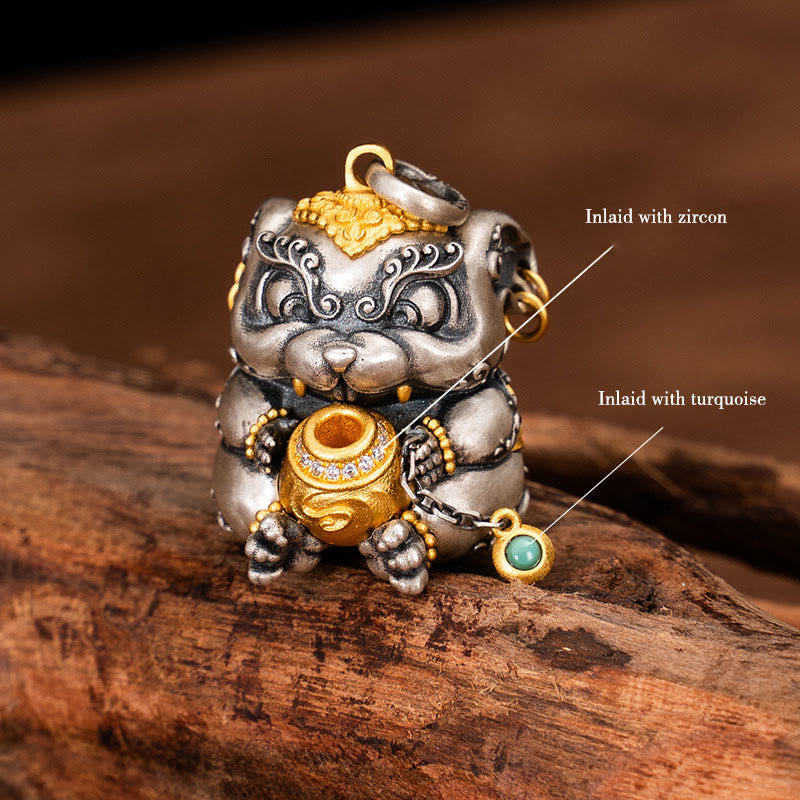 Collier pendentif de protection contre les rats cracheurs de trésors tibétains en argent sterling 925 avec Buddha Stones