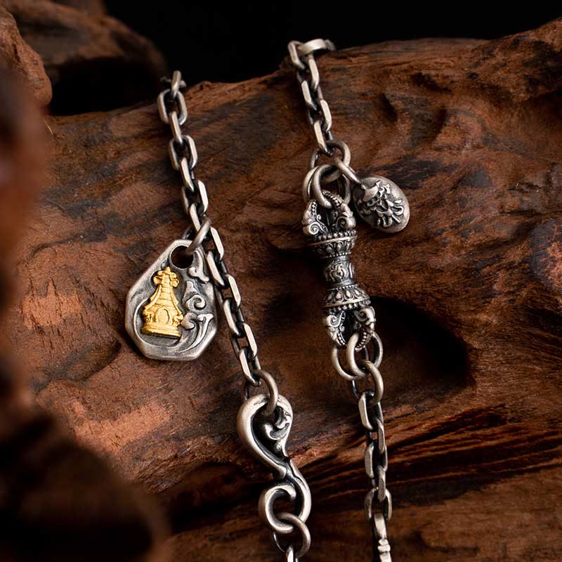 Collier en chaîne en métal avec bénédiction Vajra Dorje en argent sterling 925 avec Buddha Stones et déesse de la richesse Zakiram blanc tibétain - Chaîne Zakiram 65 cm - image 0