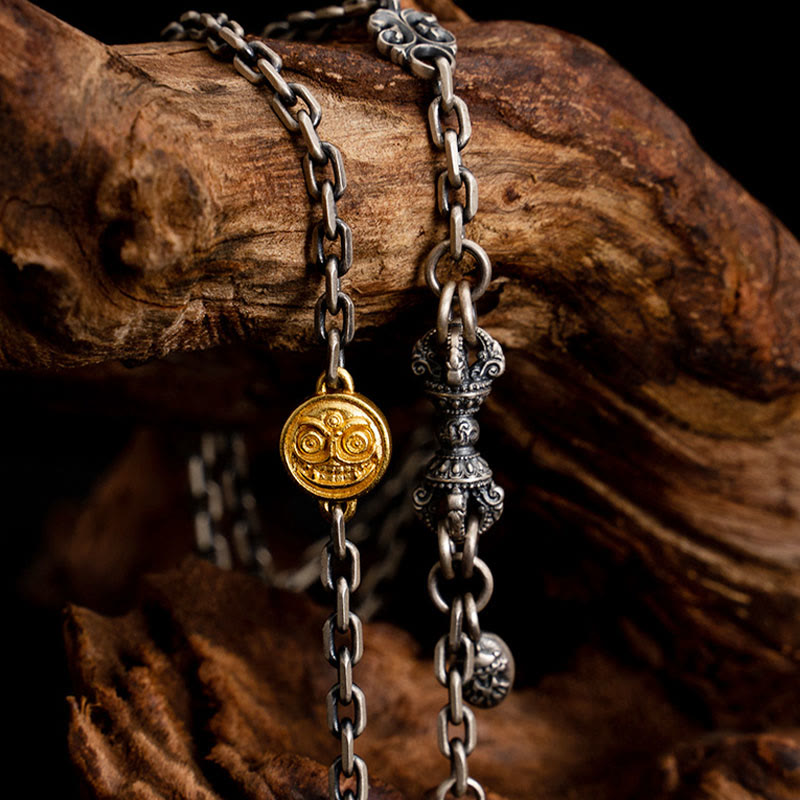Collier en chaîne en métal avec bénédiction Vajra Dorje en argent sterling 925 avec Buddha Stones et déesse de la richesse Zakiram blanc tibétain