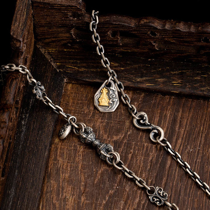 Collier en chaîne en métal avec bénédiction Vajra Dorje en argent sterling 925 avec Buddha Stones et déesse de la richesse Zakiram blanc tibétain