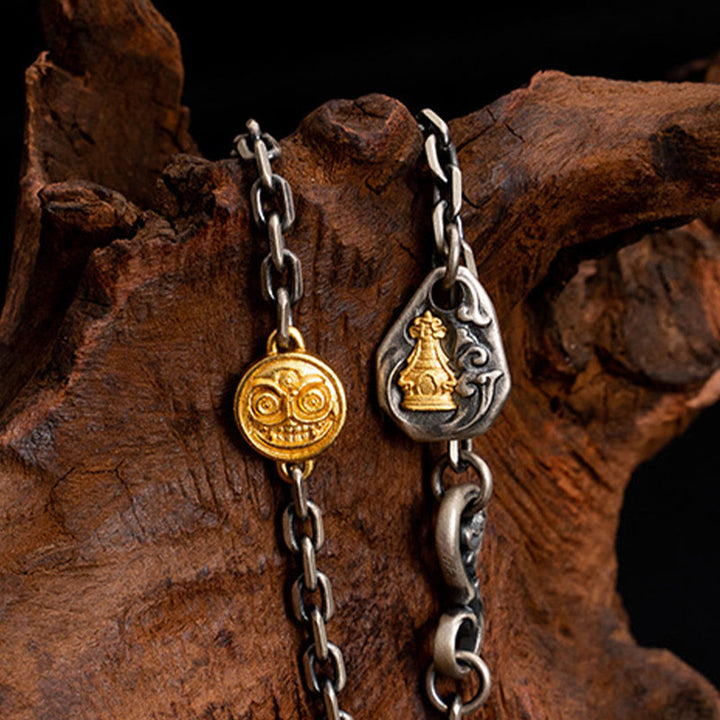 Collier en chaîne en métal avec bénédiction Vajra Dorje en argent sterling 925 avec Buddha Stones et déesse de la richesse Zakiram blanc tibétain