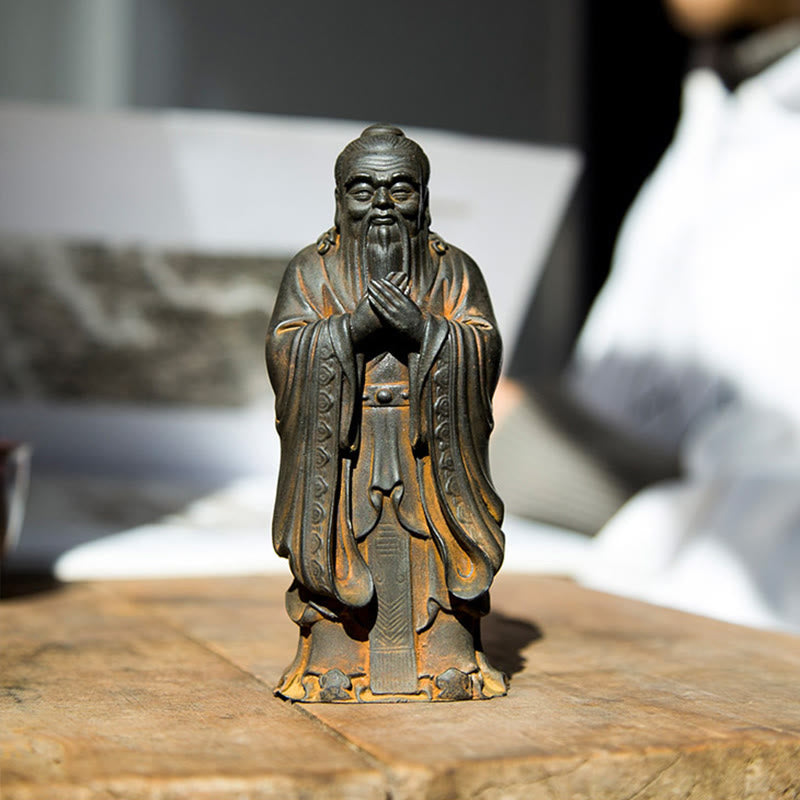 Statue de Buddha Stones faite à la main en poudre de fer Confucius en résine coulée rouillée Décoration de la maison