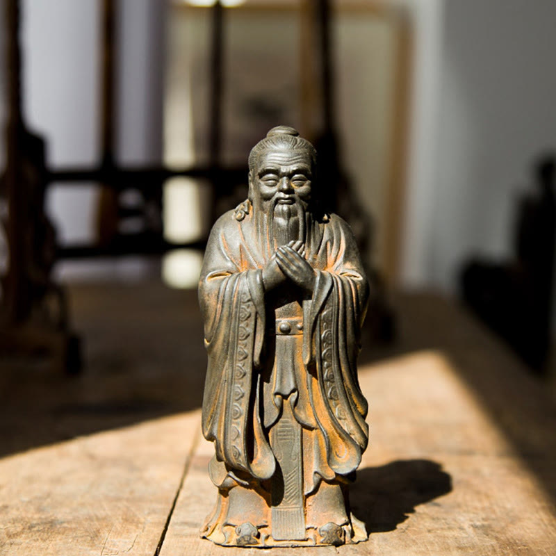 Statue de Buddha Stones faite à la main en poudre de fer Confucius en résine coulée rouillée Décoration de la maison
