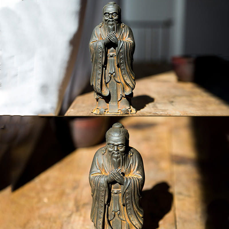 Statue de Buddha Stones faite à la main en poudre de fer Confucius en résine coulée rouillée Décoration de la maison