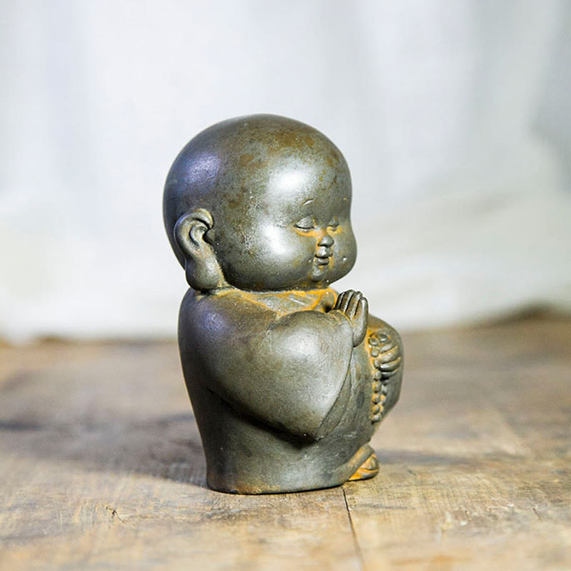 Statue de Buddha Stones en pierre faite à la main en résine moulée en poudre de fer et rouille, petit moine, décoration de la maison
