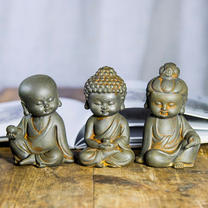 Buddha Stones faites à la main, Ksitigarbha Kwan Yin Guanyin Avalokitesvara Tathagata, poudre de fer rouille, Statue en résine moulée, décoration de la maison - Version Rust - Ensemble de 3 pièces Bouddha - image 0