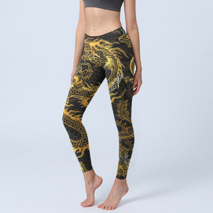 Pantalon de yoga pour femme avec legging de sport imprimé dragon doré Buddha Stones - Noir - US18，UK/AU22，EU50 (4XL) - image 1