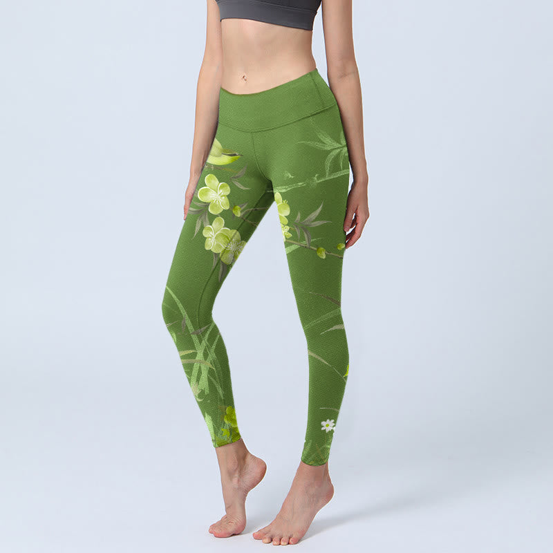 Leggings de sport à imprimé Buddha Stones Magpie Flowers Branches Pantalon de yoga pour femme - Vert citron - US18，UK/AU22，EU50 (4XL) - image 1