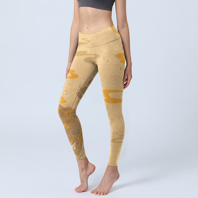 Pantalon de yoga pour femme avec motif de nuages ​​PiXiu et Buddha Stones - Verge d'or - US18，UK/AU22，EU50 (4XL) - image 1