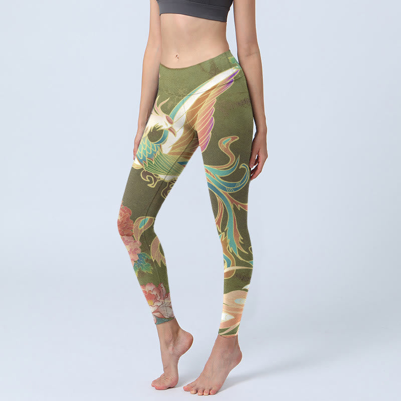 Leggings de sport à imprimé fleurs de phénix vibrantes Buddha Stones Pantalon de yoga pour femme - OliveDrab - US18，UK/AU22，EU50 (4XL) - image 1