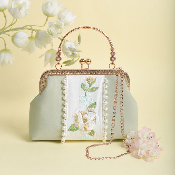 Sac à main avec chaîne en métal et pendentif en perles brodées de fleurs double face en Buddha Stones
