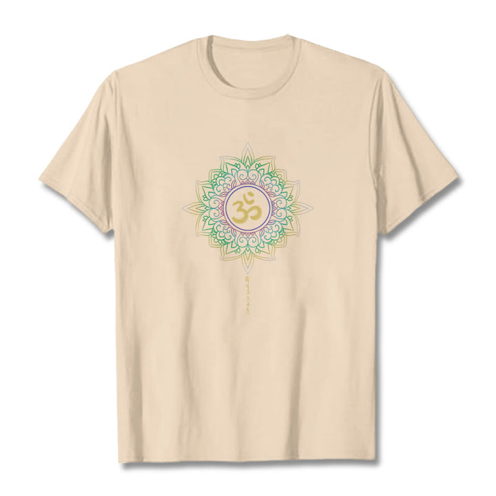 T-shirt en coton avec motif de lotus dégradé jaune vert et Buddha Stones OM