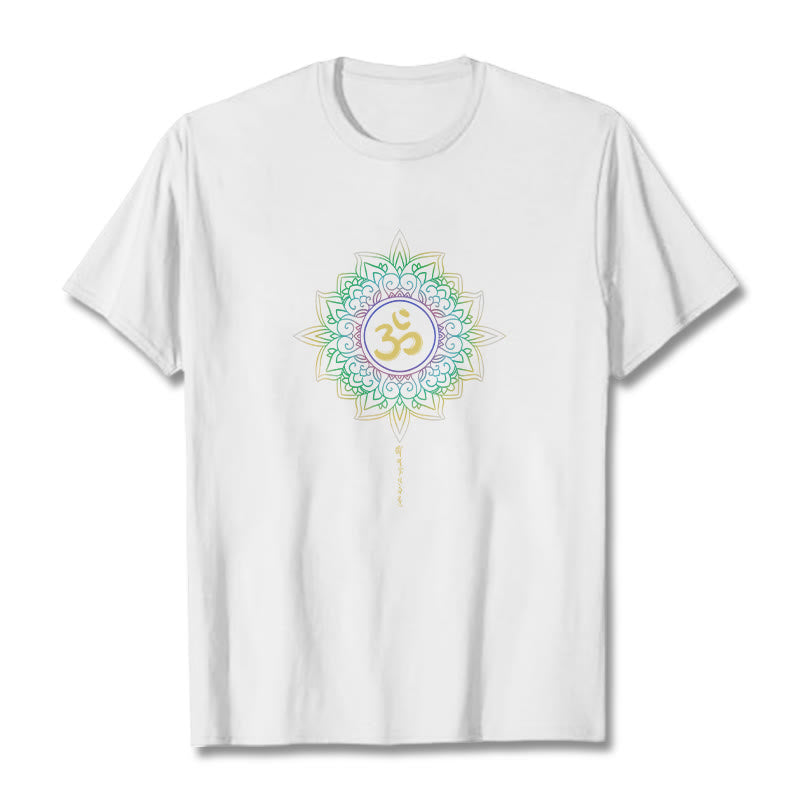 T-shirt en coton avec motif de lotus dégradé jaune vert et Buddha Stones OM