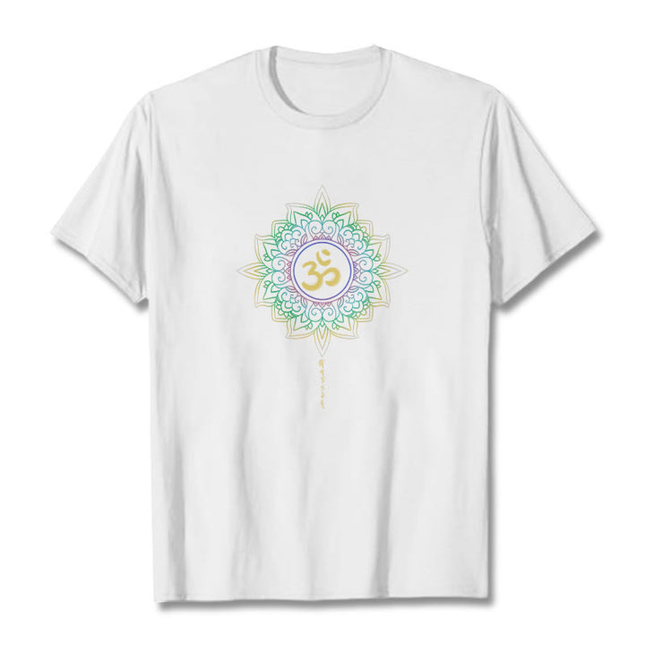T-shirt en coton avec motif de lotus dégradé jaune vert et Buddha Stones OM