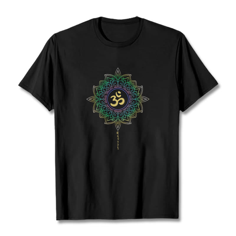 T-shirt en coton avec motif de lotus dégradé jaune vert et Buddha Stones OM