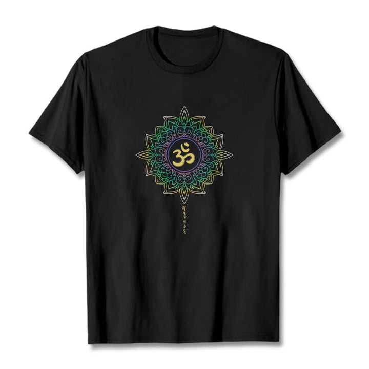 T-shirt en coton avec motif de lotus dégradé jaune vert et Buddha Stones OM