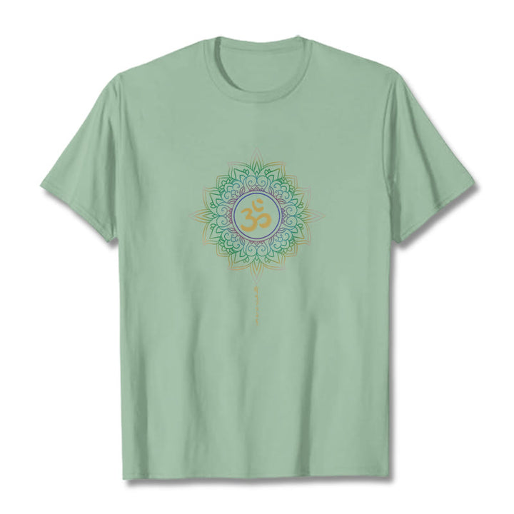 T-shirt en coton avec motif de lotus dégradé jaune vert et Buddha Stones OM
