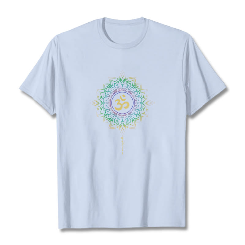 T-shirt en coton avec motif de lotus dégradé jaune vert et Buddha Stones OM