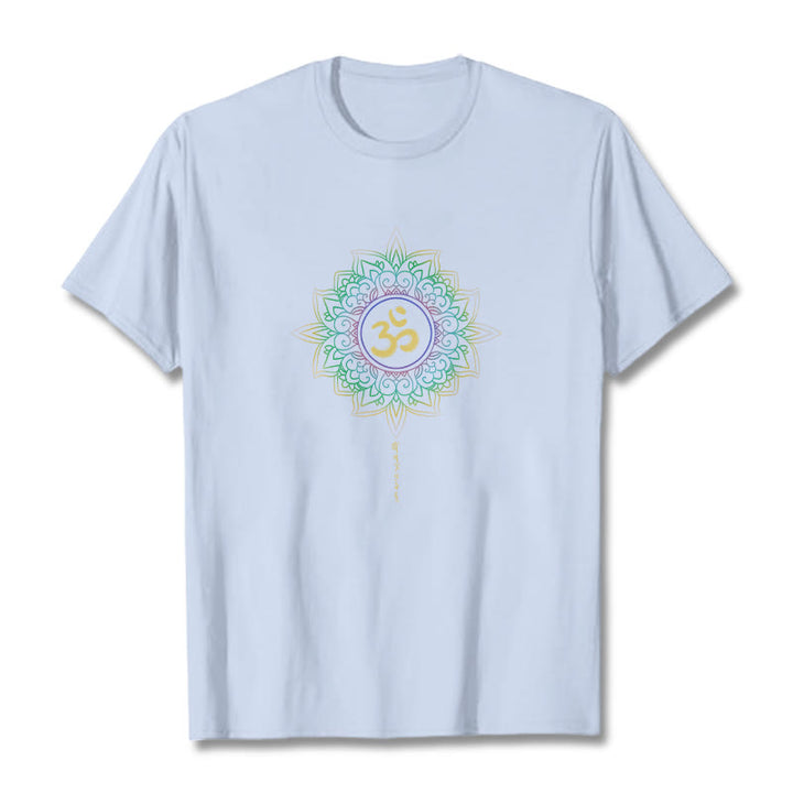 T-shirt en coton avec motif de lotus dégradé jaune vert et Buddha Stones OM