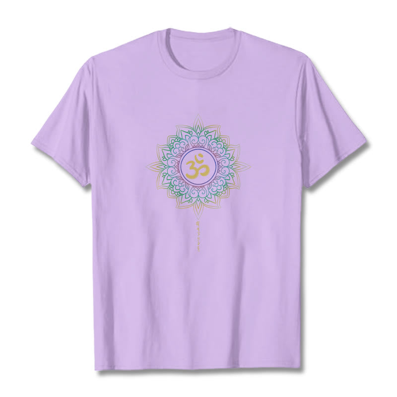 T-shirt en coton avec motif de lotus dégradé jaune vert et Buddha Stones OM