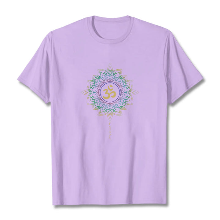 T-shirt en coton avec motif de lotus dégradé jaune vert et Buddha Stones OM
