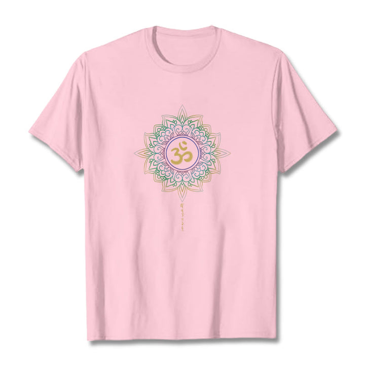 T-shirt en coton avec motif de lotus dégradé jaune vert et Buddha Stones OM