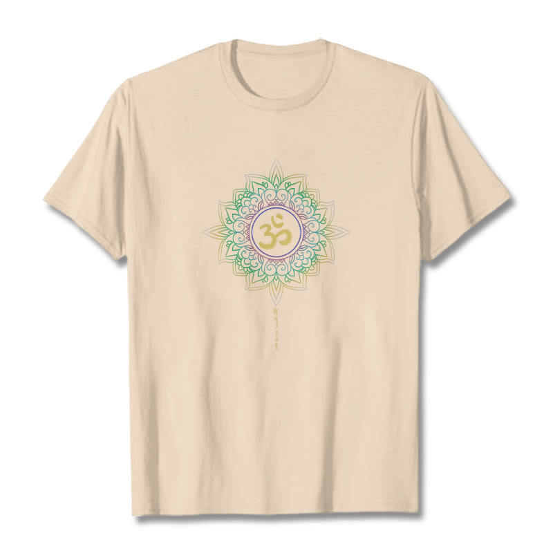 T-shirt en coton avec motif de lotus dégradé jaune vert et Buddha Stones OM - Bisque - 2XL - image 8
