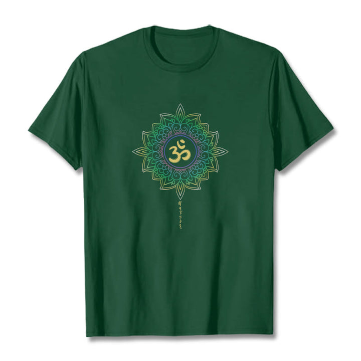 T-shirt en coton avec motif de lotus dégradé jaune vert et Buddha Stones OM